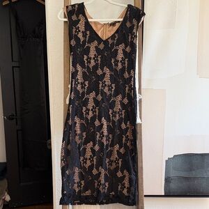 Elegant Black and Tan Lace Midi Dress
